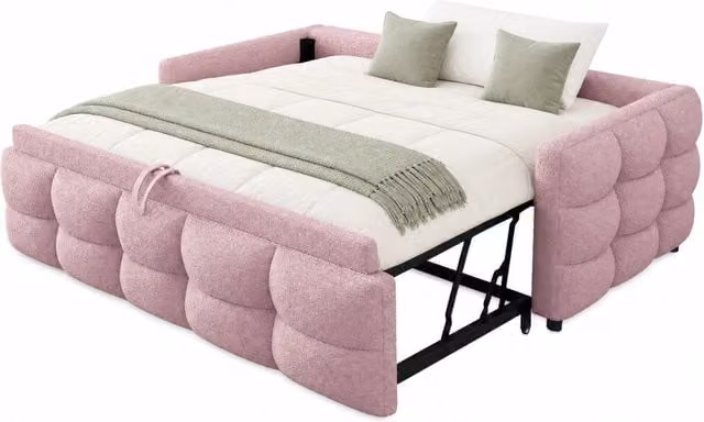 Letto estraibile singolo/doppio 90/180x190 cm in tessuto Teddy rosa con rete a doghe
