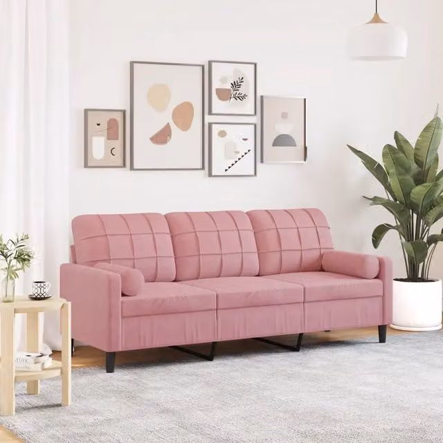 Divano a 3 posti moderno vidaXL in velluto rosa con cuscini e coperture rimovibili L: 197 cm, P: 80 cm, H: 77 cm