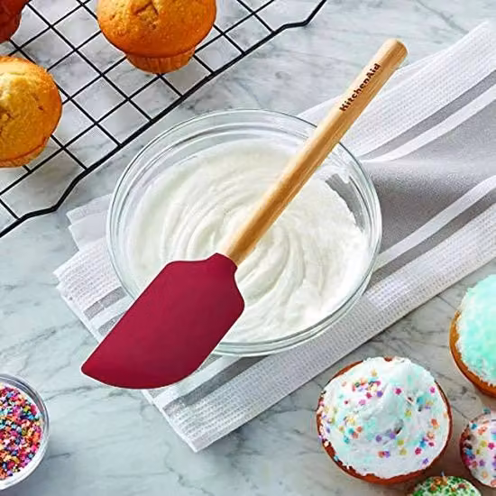 Spatola per ammorbidire KitchenAid in bambù e silicone rosso, resistente al calore, Lunghezza: 30 cm