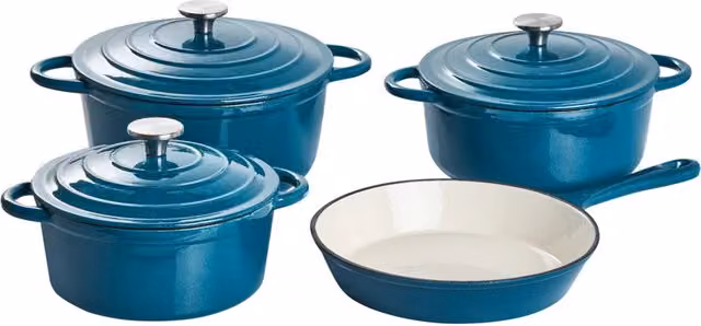 Set da 7 pezzi di pentole Beliani in ghisa smaltata blu con casseruola, padella, coperchi e manici in acciaio inossidabile, compatibile con tutti i piani cottura e adatto al forno