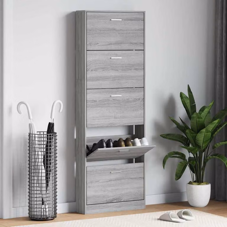 Scarpiera moderna vidaXL in legno grigio con scomparti basculanti e ripiani interni L/P/H: 59 x 17 x 169 cm