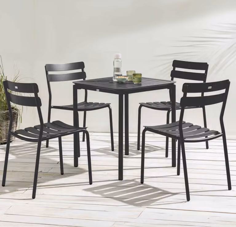 Tavolo da terrazza quadrato (70 x 70 cm) e 4 sedie nere - Oviala Almada