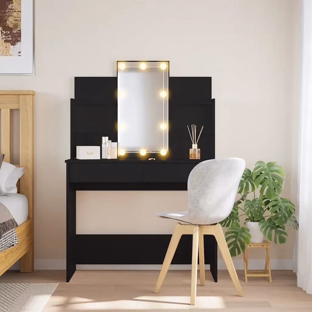 Toeletta Hollywood con Luci LED vidaXL, Tavolo da Trucco Moderno Nero, L 96 x P 40 x H 142 cm – 2