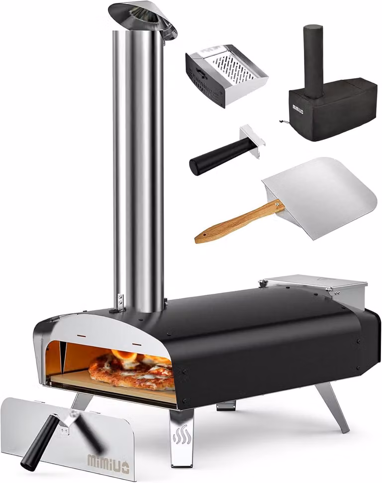 Forno da esterno a legna e pellet, ideale per il giardino, modello a forma di "W" con rivestimento nero, completo di pietra refrattaria per pizza e pala pieghevole per pizza.