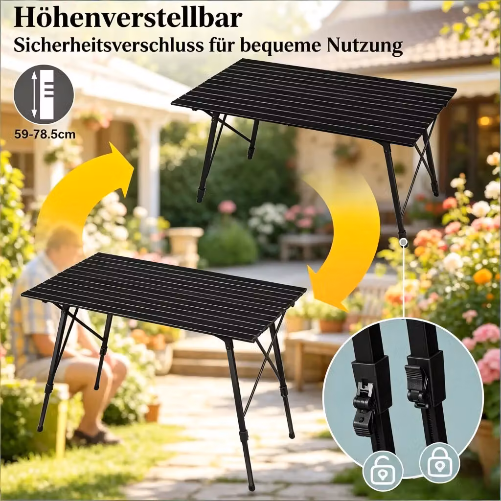 Tavolo da campeggio pieghevole regolabile in altezza REDOM in metallo nero L: 120 cm, P: 68,5 cm – 2