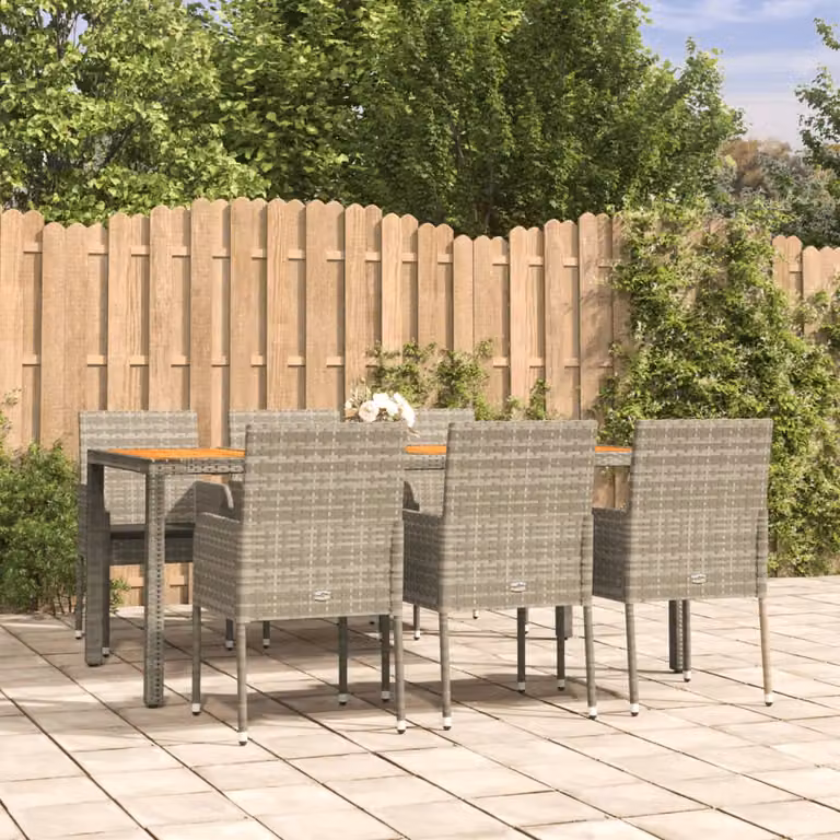 Set da pranzo da giardino vidaXL in polyrattan e legno di acacia grigio con 7 pezzi e cuscini