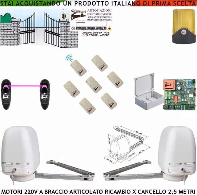 Motori Cancello Elettrico 220 V Braccio Articolato Ricambio Cancello Automatico 5 MT 2 Ante Battenti da 0,5 Fino a 2,5 Metri Centrale 7 Radiocomandi Fotocellule