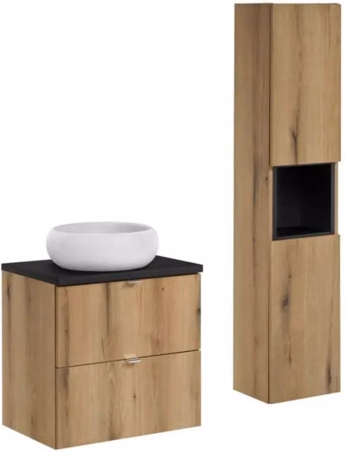 Insieme VANO in rovere e nero 90cm: mobile sottolavabo con cassetti + piano per lavabo + lavabo da appoggio rotondo + colonna