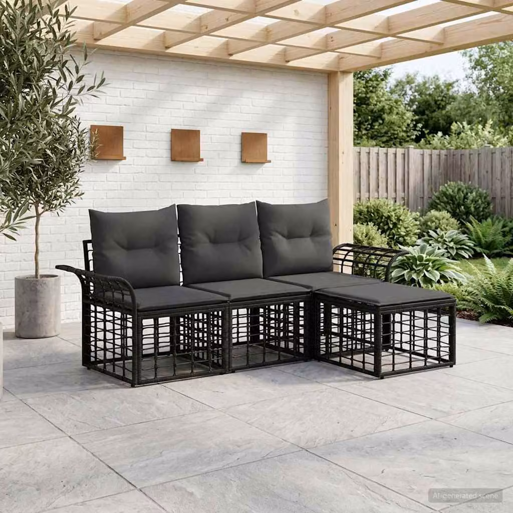 Set di divani da esterno vidaXL a forma di L con pouf, struttura in metallo e cuscini inclusi, nero e grigio