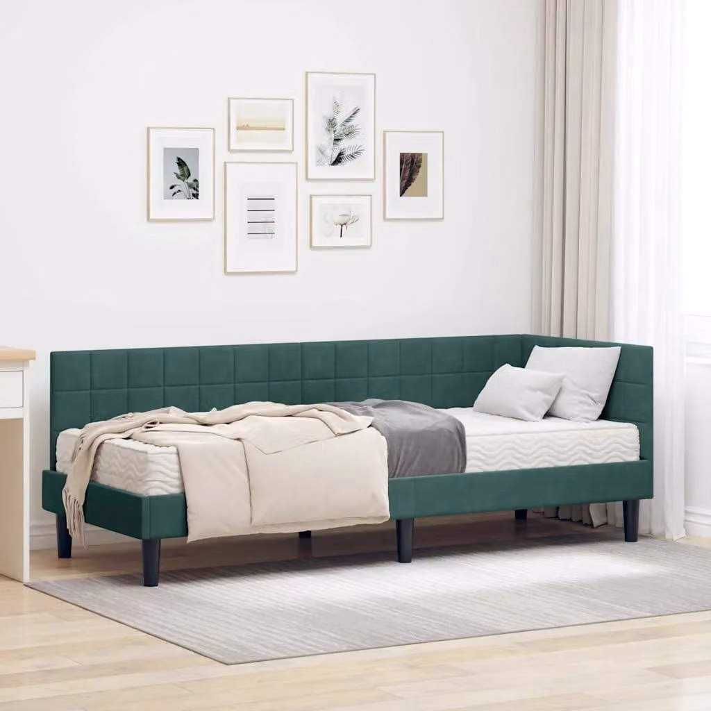 vidaXL Struttura Letto Angolare in Velluto Verde con 2 Materassi in Schiuma, L/P/H: 204 x 90 x 72 cm – 1