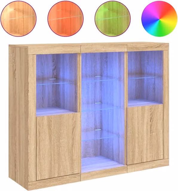 Credenze con Luci LED 3 pz | Madia | Buffet da pranzo | Armadio da pranzo Rovere Sonoma in Legno Multistrato