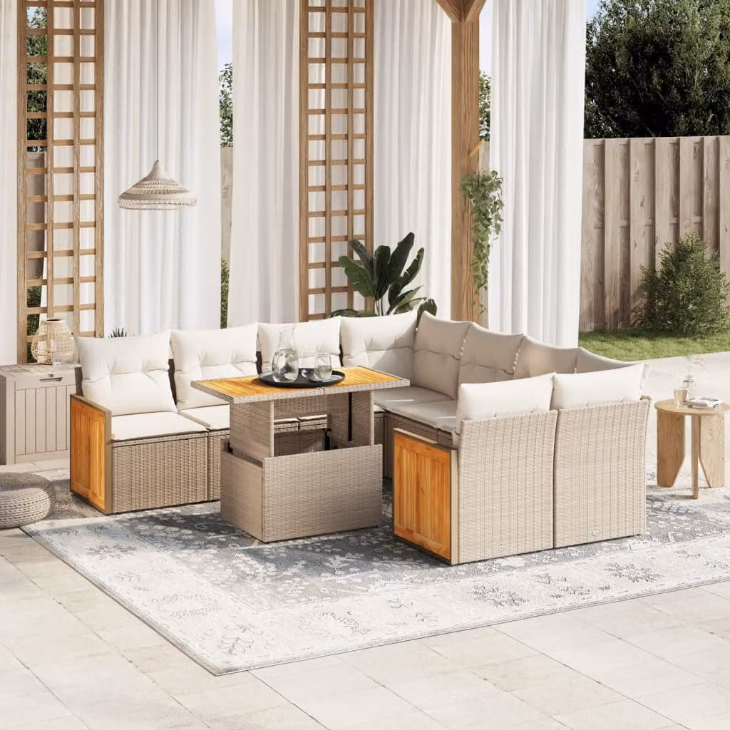 vidaXL Set Divano da Giardino 9 pz a forma di U con Cuscini Beige e Tavolino, Design Moderno in Polyrattan e Acciaio con Struttura in Legno di Acacia – 1