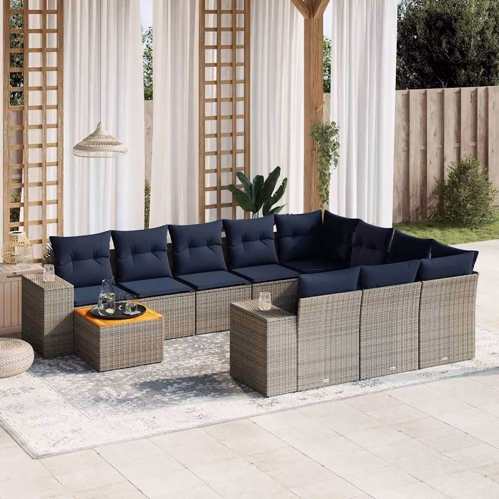 Set di divani da giardino vidaXL 11 pezzi in polyrattan con cuscini grigi e blu e struttura in legno di acacia oliato