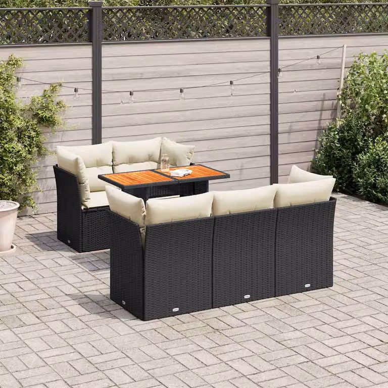 Set Divano da Giardino vidaXL 6 pz in Polyrattan Nero con Cuscini e Tavolino da Esterno a Forma di L
