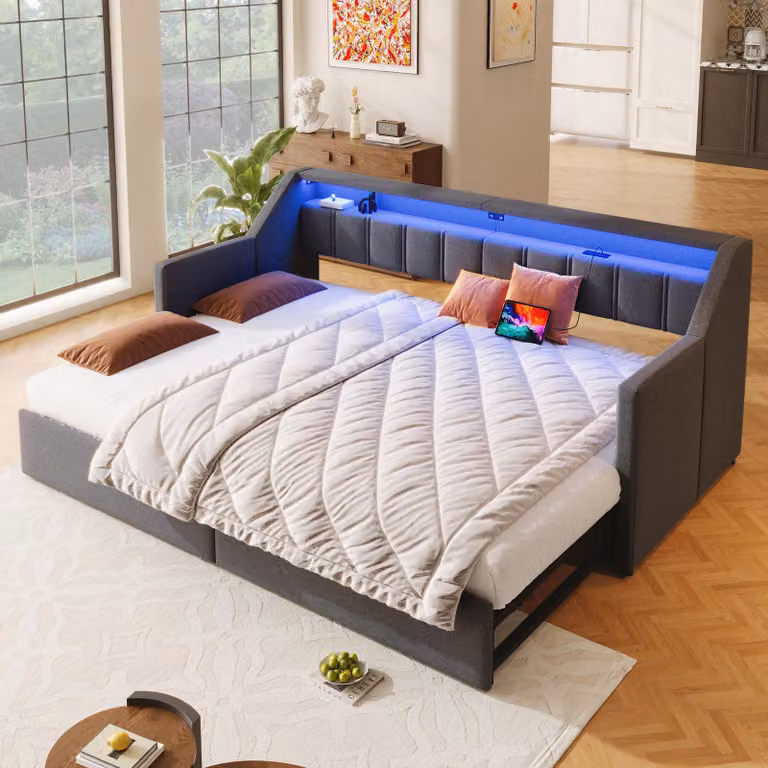 Abrihome letto imbottito daybed 90x200cm con letto estraibile e 2 cassetti, divano letto con LED e connessione USB, grigio