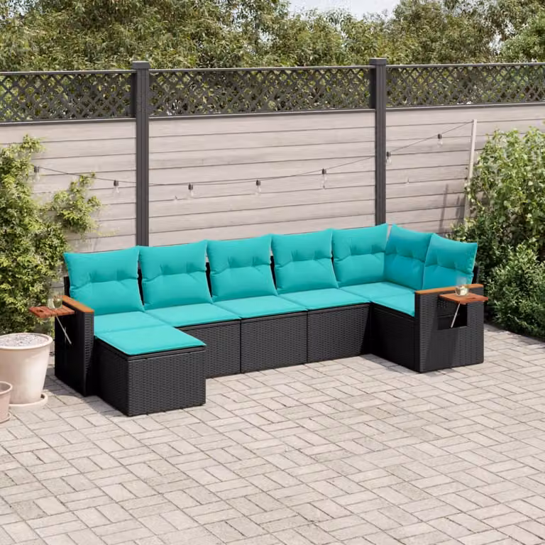 Set di divani da giardino vidaXL in polyrattan 7 pezzi con cuscini e tavolino, design moderno a L con imbottitura e coperture rimovibili, nero/blu/turchese