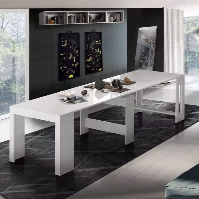 Tavolo da pranzo Anello, Made in Italy, Consolle allungabile fino a 12 posti, con portallunghe, cm 51/300x90h77 Bianco lucido