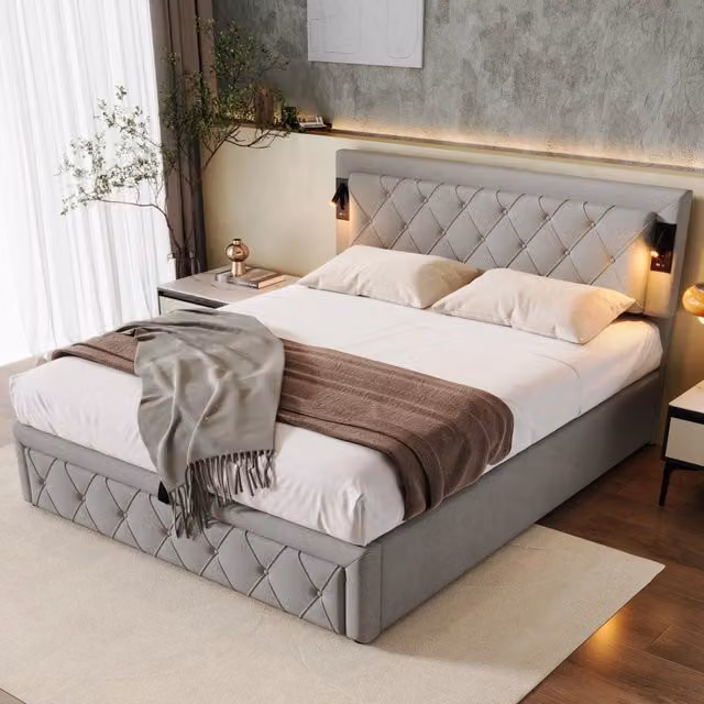 Letto imbottito 160x200 - Zephmum - Con luce LED, USB, testiera a rombi, sistema idraulico, biancheria, grigio