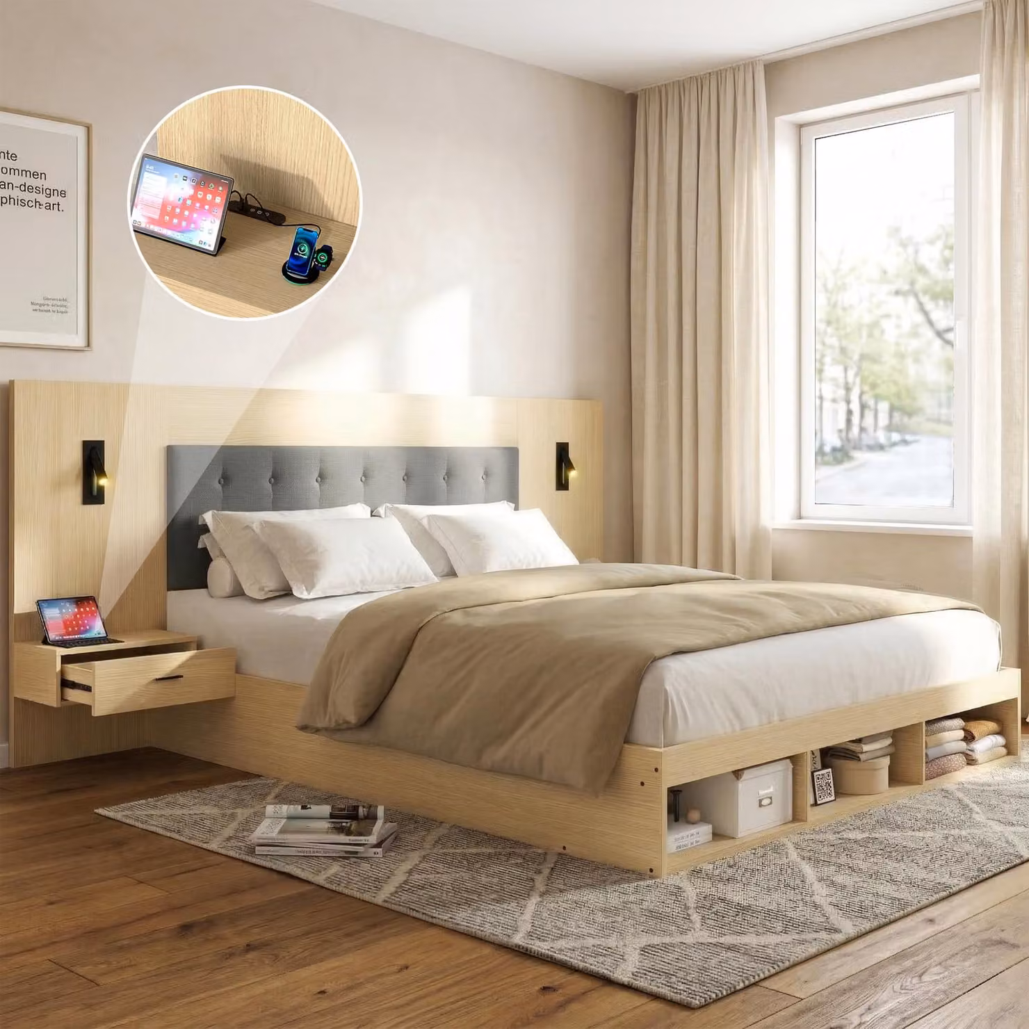 Letto matrimoniale 160x200 cm con spazio contenitore, stazione di ricarica USB e Type-C, 2 lampade da lettura orientabili e 2 comodini, realizzato in MDF, finitura rovere chiaro