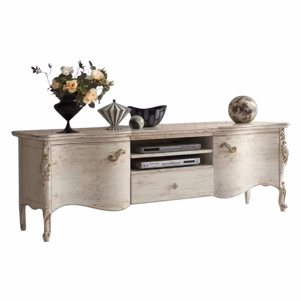 Porta TV Mobili 2G in legno bianco con 2 porte e 1 cassetto, stile classico, L: 182 cm, P: 52 cm, H: 64 cm – 1
