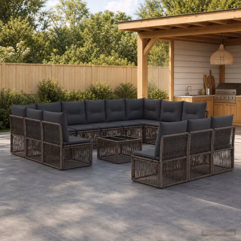 Set Divano da Giardino vidaXL 14 pz a Forma a U Grigio con Cuscini e Tavolino da Caffè in Polyrattan e Metallo