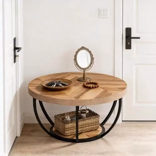 Tavolino basso rotondo OKWISH in legno e metallo marrone con 2 ripiani per soggiorno e ufficio – 2