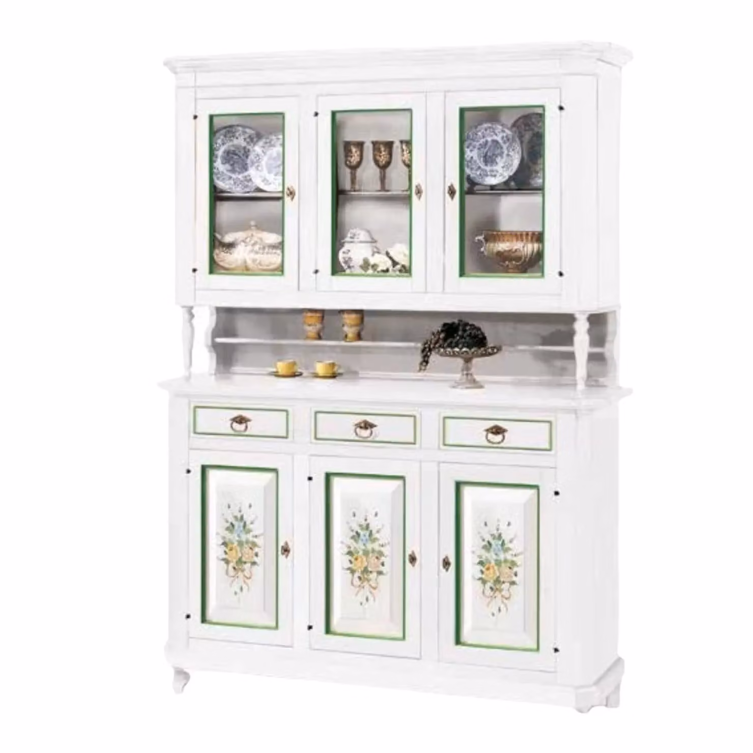 Cristalliera Napoletana Arte Povera Mobili 2G con 3 ante e decori floreali bianco L: 150 cm, P: 43 cm, H: 208 cm – 1