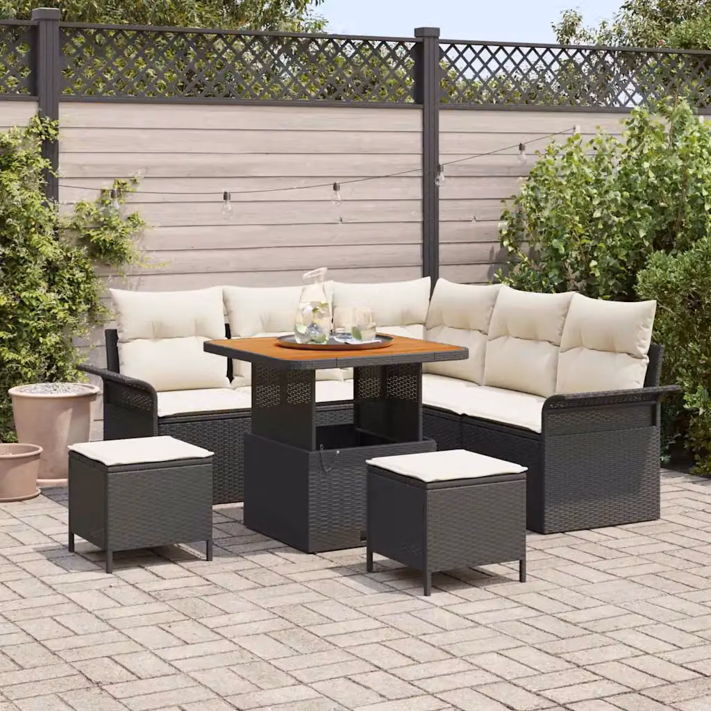 vidaXL Set Divano da Giardino a L con 8 Pezzi, Nero e Beige, con Cuscini e Tavolino da Caffè – 1