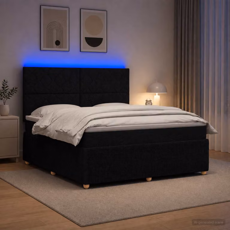 Letto Box Spring vidaXL con Materasso Ibrido e Illuminazione LED, Nero, L/P: 180 x 200 cm