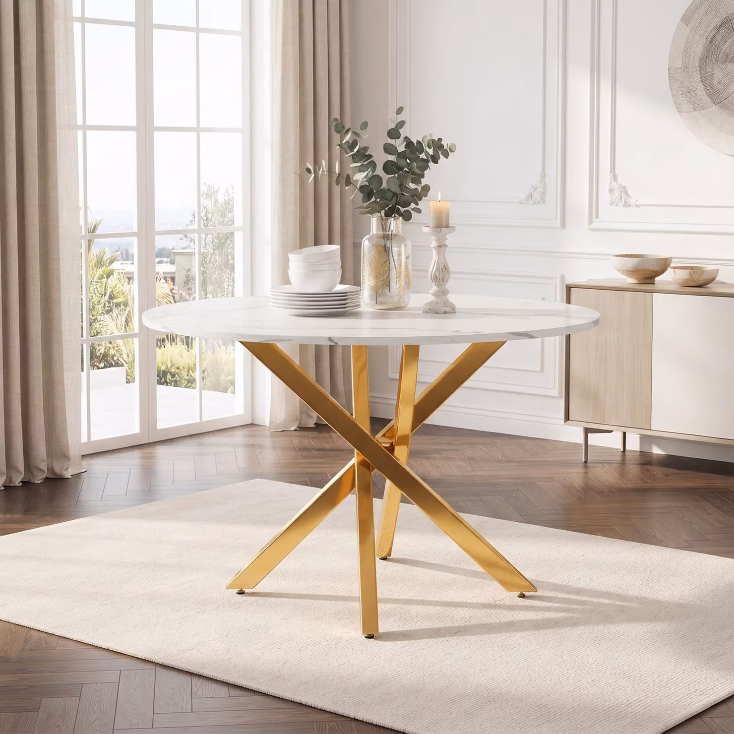 Tavolo da pranzo rotondo in stile "Flieks" con gambe dorate, tavolo da cucina con piano in marmo, tavolino da caffè/tavolino per il tempo libero per 2-4 persone, dimensioni 80x80x75 cm, colore oro