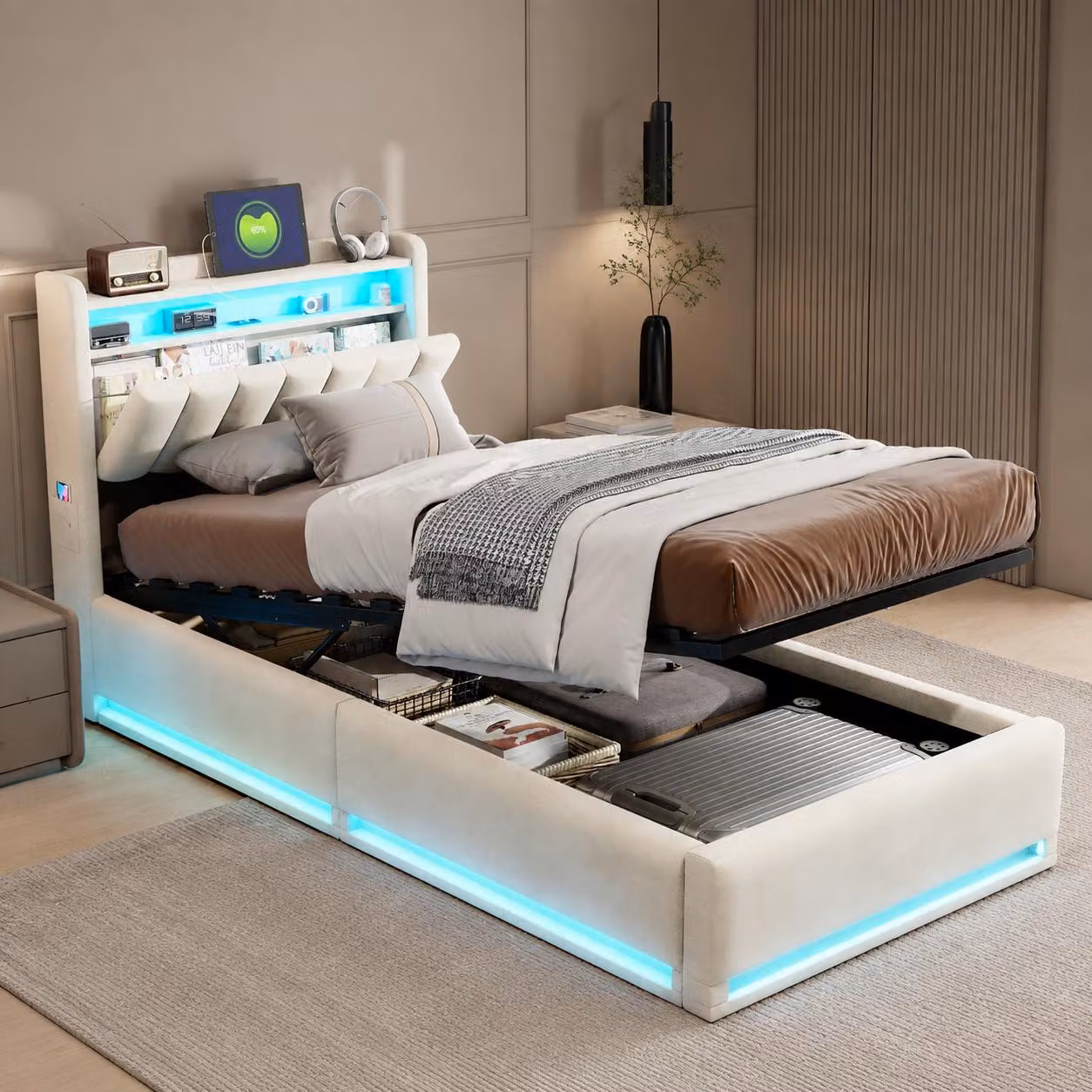 Letto imbottito INONEFT 90x200 con LED, letto per ragazzi, letto singolo, testiera con spazio contenitore e stazione di ricarica, letto a molle con rete a doghe, in velluto, color beige