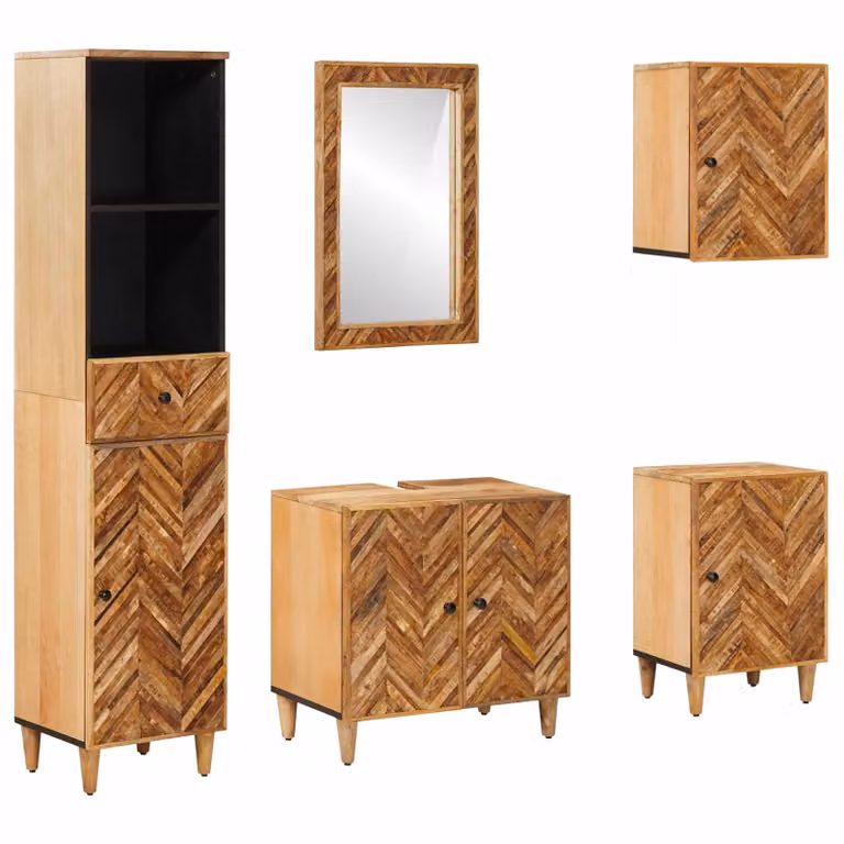 Set di armadi da bagno moderno vidaXL in legno di mango massello marrone, composto da 5 pezzi con mobile lavabo, armadietto specchio, armadio a muro e armadio alto