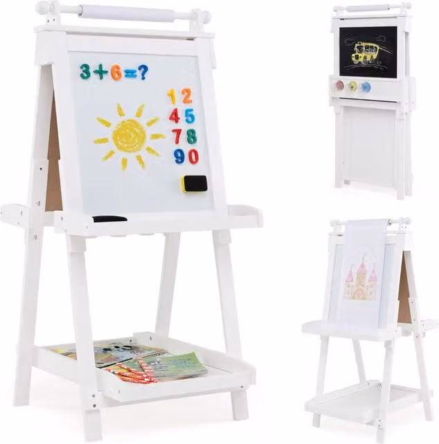 Cavalletto artistico per bambini 3 in 1 con lavagna bifacciale, rotolo di carta, vassoi portaoggetti e bicchieri per pittura, Bianco
