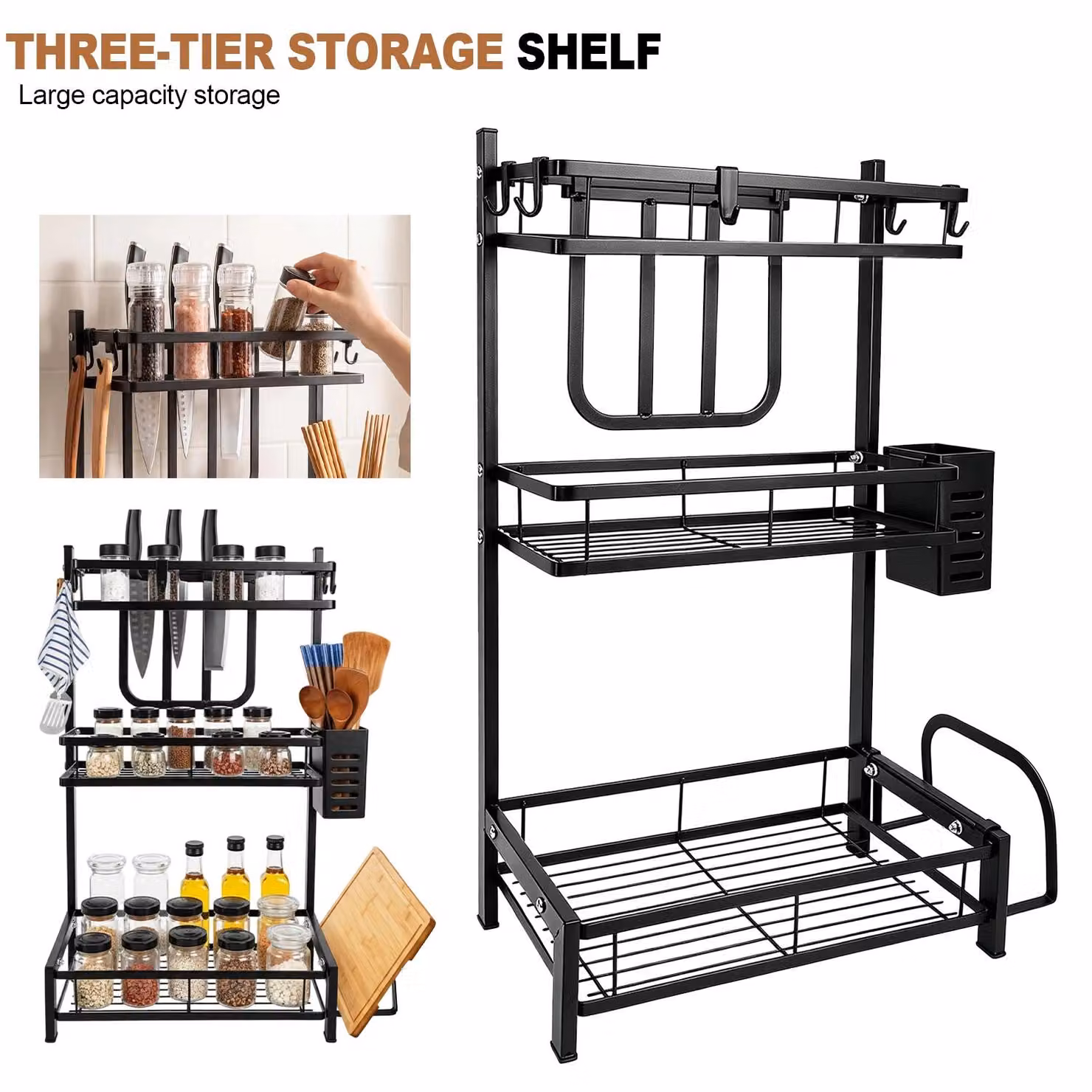 Portaspezie in acciaio inossidabile - Scaffale portaoggetti con 3 ripiani - Porta coltelli - Porta tagliere - Contenitori portaoggetti - 3 ganci - Adatto per cucina e bagno