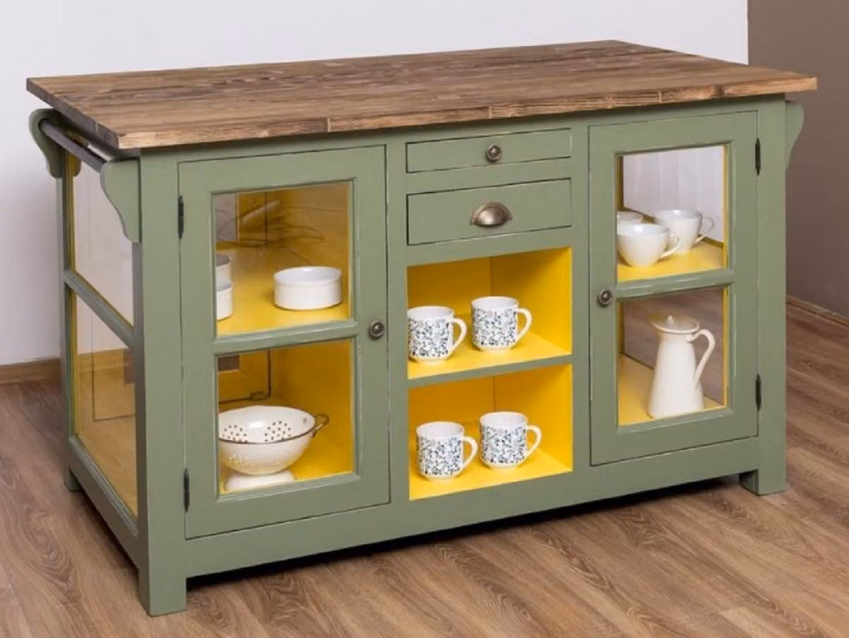 Casa Padrino isola da cucina in stile country verde / giallo / marrone 150 x 90 x h. 90 cm - Mobile da cucina in legno massello - Mobili da cucina in legno massello in stile country - Mobili da sala da pranzo in legno massello in stile country