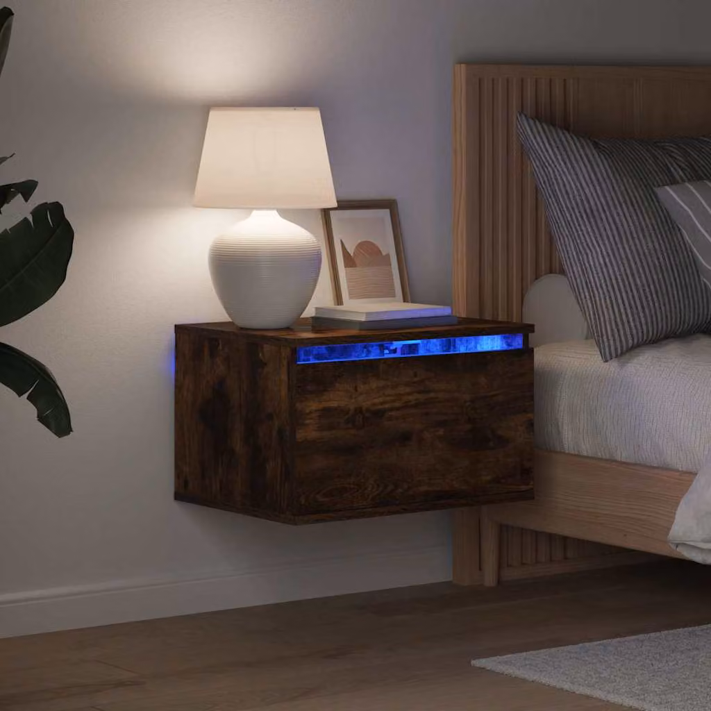 Set di 2 comodini da parete vidaXL con luci LED integrate in colore Rovere Fumo