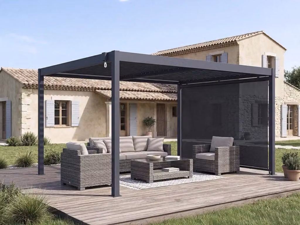Pergola bioclimatica Windsor Habitat Et Jardin in alluminio con tenda da sole, Grigio, L: 4 m, P: 3 m – 2