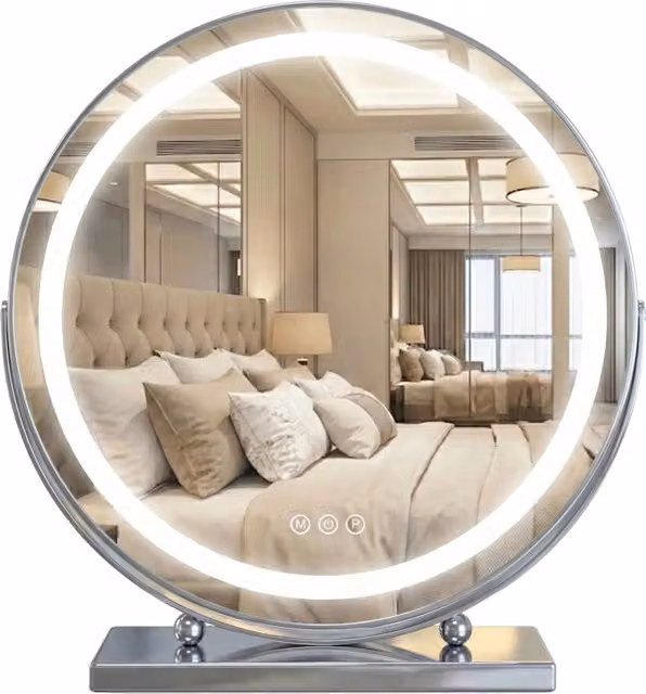 Specchio da tavolo con LED Rea, design moderno rotondo, colore argento con finitura cromata, diametro: 50 cm, con touch switch e luminosità regolabile