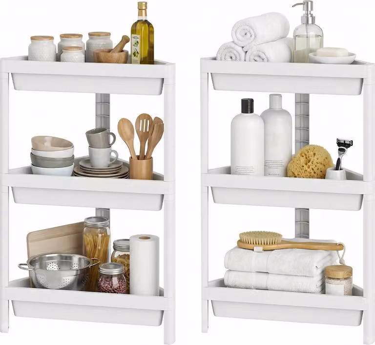 COSTWAY Set di 2 scaffali angolari a 3 ripiani, scaffale da bagno indipendente con design rimovibile e fori di drenaggio, organizer per riporre oggetti in spazi ridotti, cucina