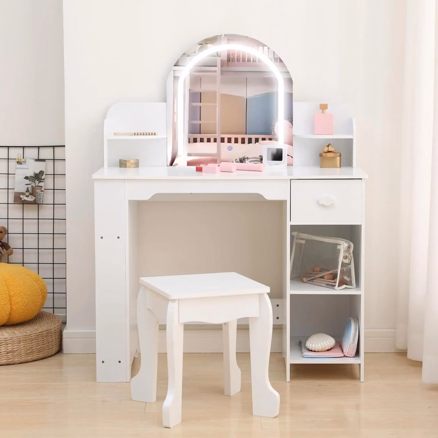 Tavolino da trucco per bambini con sgabello - Tavolino da trucco a tema principessa - Specchio con LED - Funzione touch - 3 modalità di illuminazione regolabile - Spazio contenitivo - Accessori inclusi - Bianco