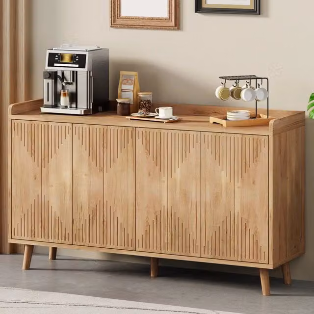 Credenza con 4 ante; vano superiore aperto e ripiani regolabili in MDF naturale per cucina 140 × 40 × 84 cm