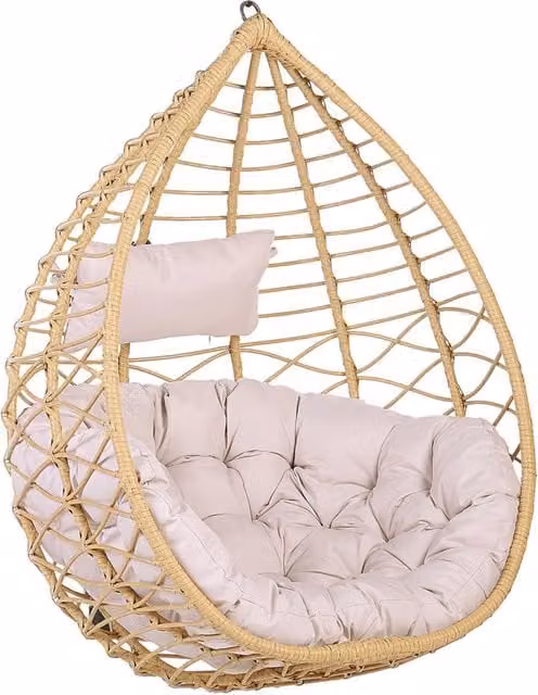 Sedia sospesa a poltrona Beliani in rattan beige e marrone con cuscini inclusi in tessuto resistente ai raggi UV per interni ed esterni in stile Boho, L/P/H: 121 x 70 x 92 cm