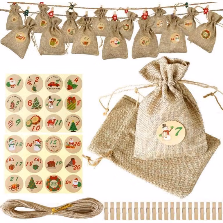 Calendario dell'Avvento da riempire, 24 sacchetti di stoffa, set per il conto alla rovescia natalizio fai-da-te per bambini