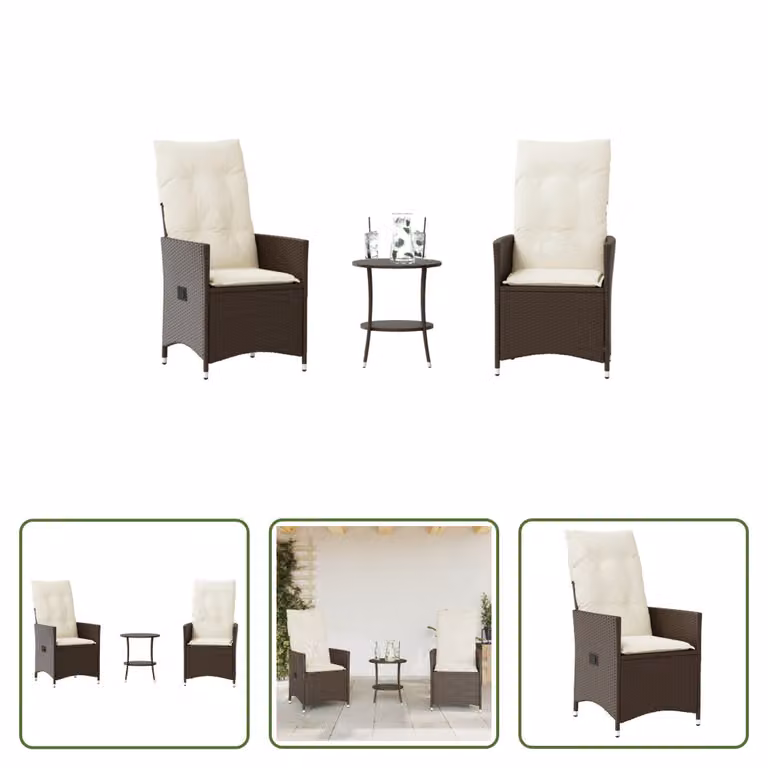 The Living Store Set bistrot 3 pezzi con cuscini in poly rattan marrone