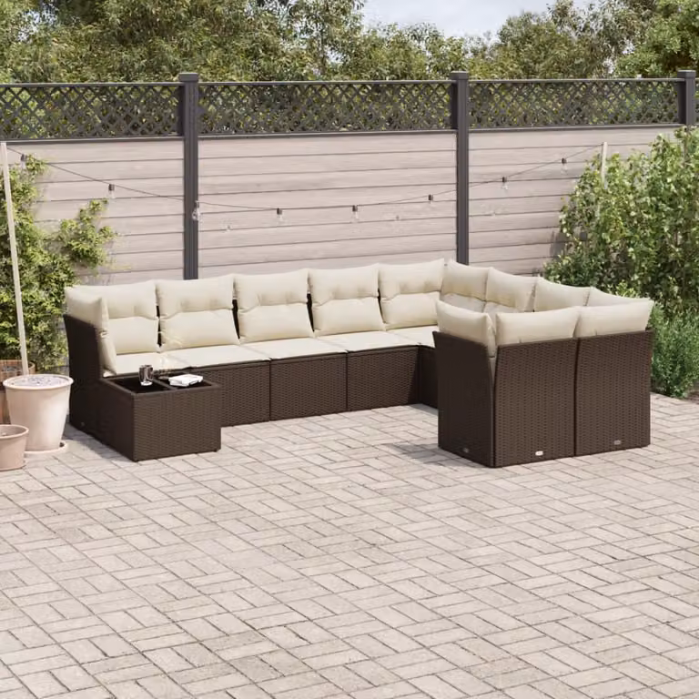 Set di divani da giardino vidaXL 10 pezzi con cuscini e tavolino in rattan marrone e bianco con struttura in metallo e vetro
