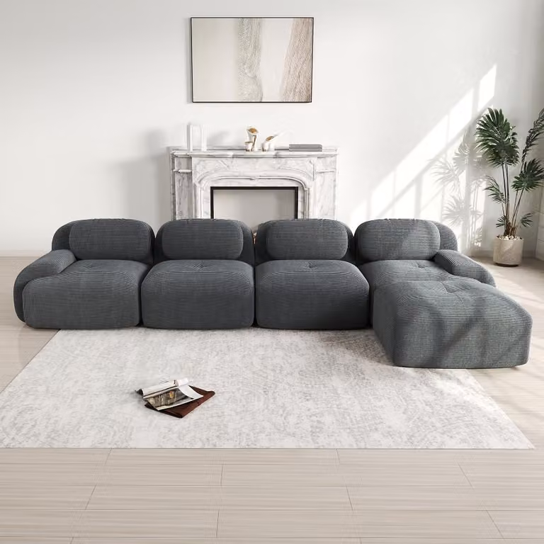 Divano angolare grigio a 4 posti, divano angolare con chaise longue, divano senza struttura in tessuto corduroy, dimensioni 388x178x70 cm, imbottitura ad alta elasticità, non richiede montaggio