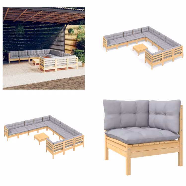 vidaXL 12 pezzi set salotto da giardino con cuscini grigi in legno di pino - Set salotto da giardino - Set salotto da giardino - Set mobili da giardino - Set mobili da giardino