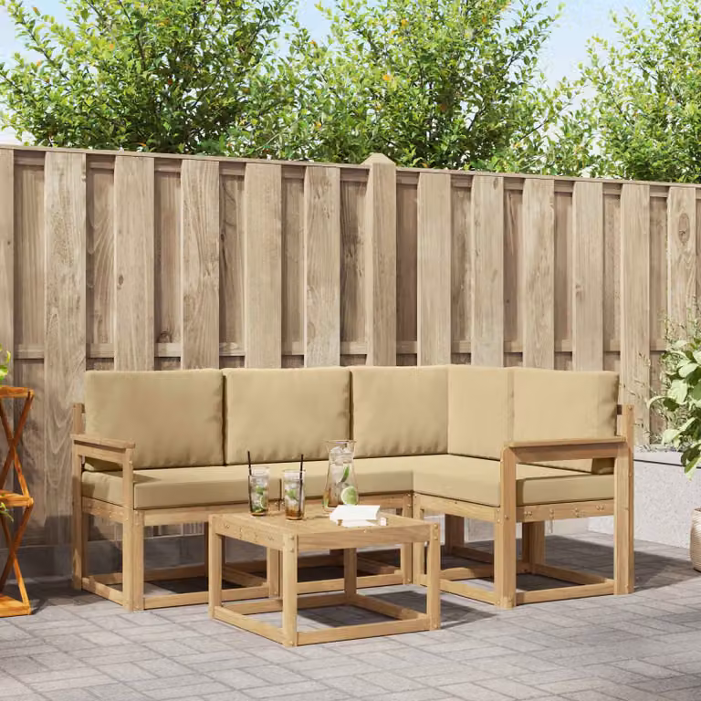 Set di divani da esterno a forma di L vidaXL in legno di acacia con tavolo da caffè, colore bianco e beige