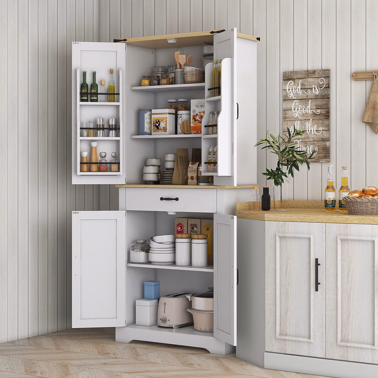 Credenza da cucina buffet HOMCOM bianca con 4 porte, 1 cassetto e ripiani regolabili, L 76,5 cm x P 40 cm x H 181 cm – 2