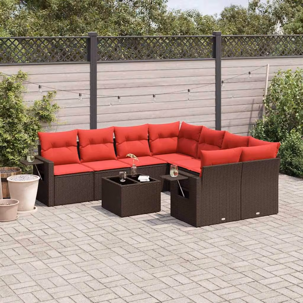 Set di divani da giardino vidaXL 9 pezzi con cuscini marroni e tavolino in rattan e metallo con struttura in acciaio verniciato a polvere e sedute a forma di L